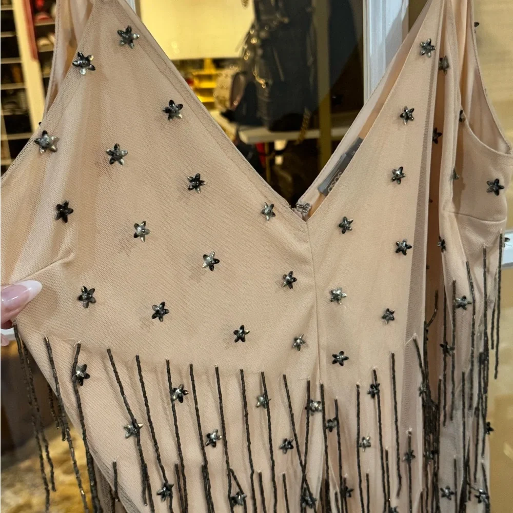 ⭐️🪩🌟 ASOS Beige Mesh Embellished Romper Playsuit star fringe festival Shorts - Picture 6 of 7